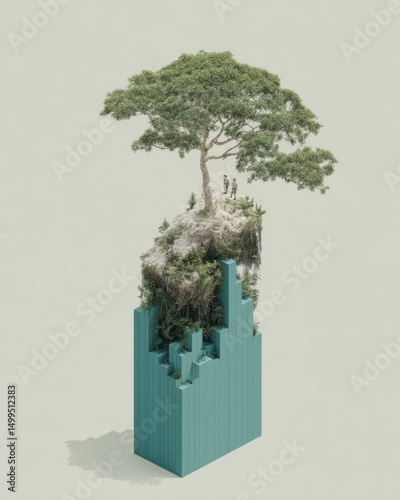 Conceptual isometric landscape with people under a tree on a rock formation with geometric base