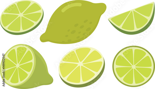Set of whole, half and cut slices lime isolated on white. Illustration of fresh green citrus fruit 