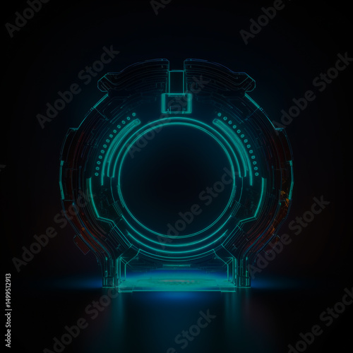 Futuristic Cave Portal Logo with Neon Lights and Sleek Metallic Textures in Cyan Tones Featuring a SciFi Holographic Design on Dark Background
