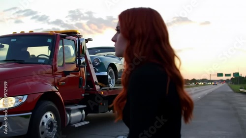 Tow truck with vintage car on highway