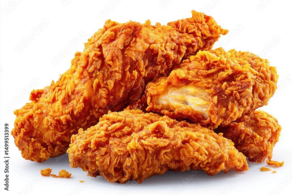 Crispy fried chicken tenders stacked high on white background studio shot close up food photography Crispy fried chicken tenders stacked high on white background studio shot close up food photography