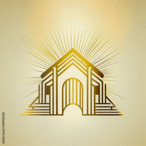Golden house emblem with sun rays premium real estate branding art deco inspired logo elegant symmetrical vector icon on white and gold gradient background perfect for luxury identity