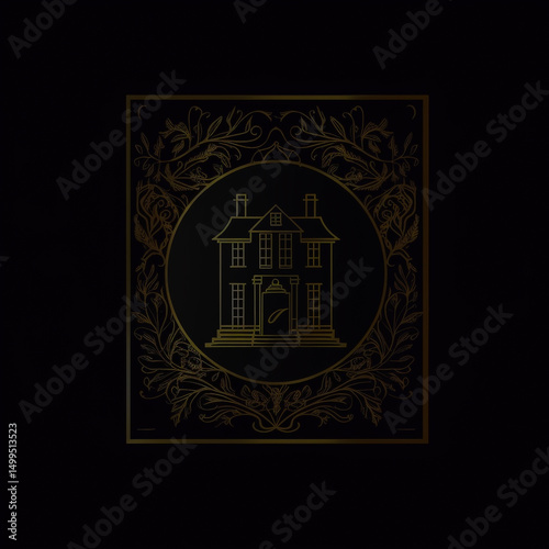 Golden monogram with house silhouette ornate real estate logo blending vintage and modern design royal aesthetic with intricate detailing on black marble texture background.
