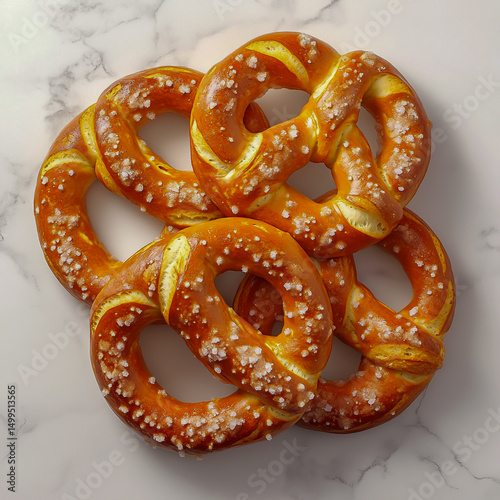 Gourmet artisan pretzels with golden brown crusts sprinkled with coarse sea salt arranged on pristine white marble with soft natural light and subtle shadows top down high resolution food photography