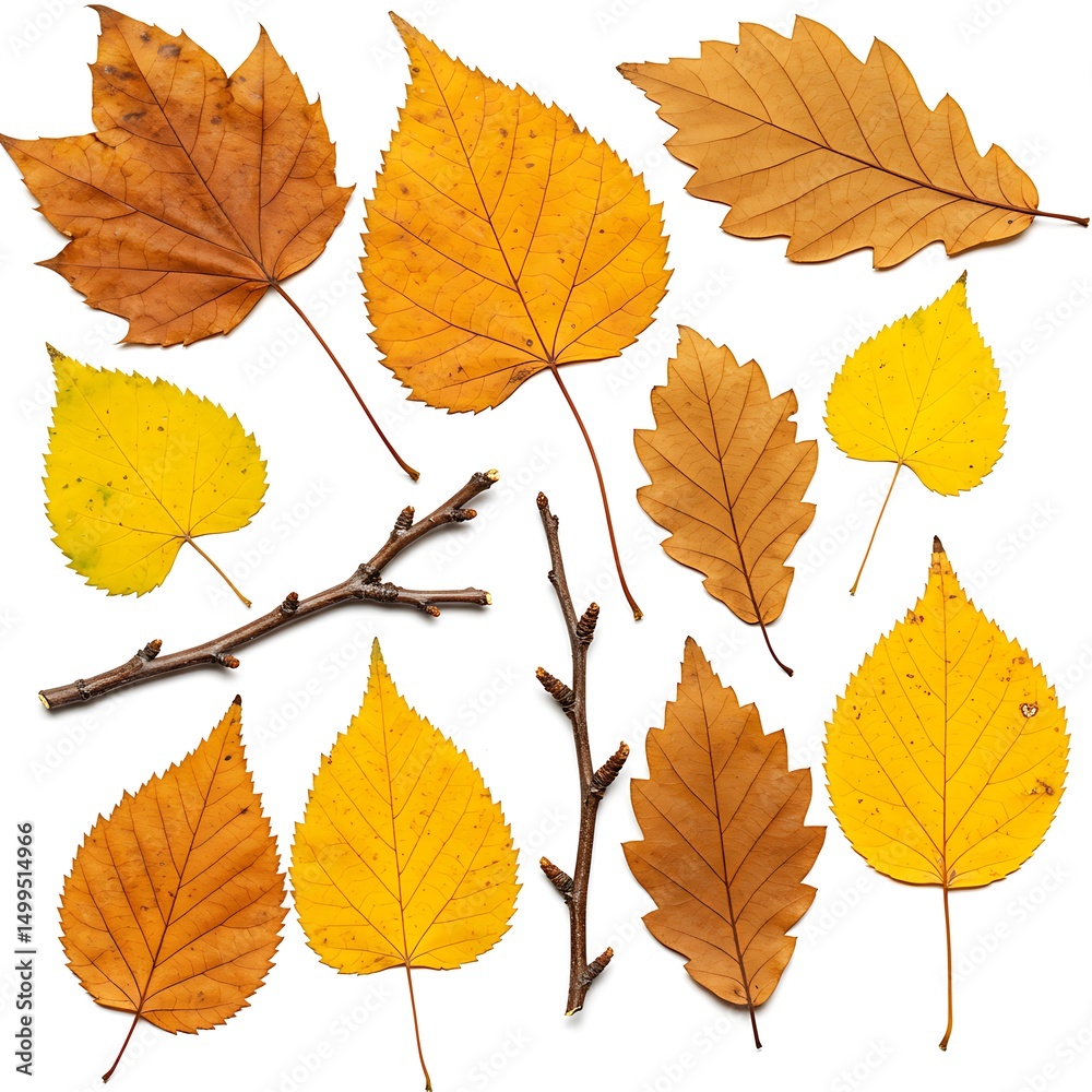 Fototapeta premium Autumn leaves and twigs isolated on white background