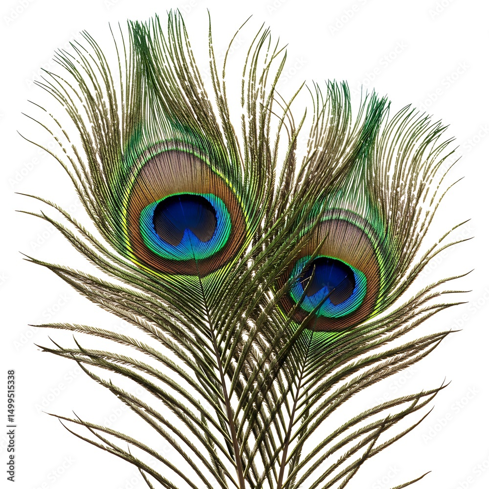 Obraz premium Two peacock feathers isolated on white background displaying vibrant colors