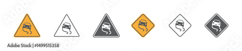 Set of slippery road traffic signs. Skid risk, triangle sign, car driving on ice. Vector. EPS10.