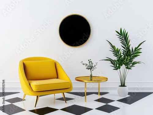 Modern art decoinspired loft with brushed gold accents, streamlined furniture, and intricate geometric flooring photo