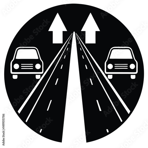 An isolated illustration of heavy traffic on a multi-lane highway, with vehicles driving in various directions along the asphalt route