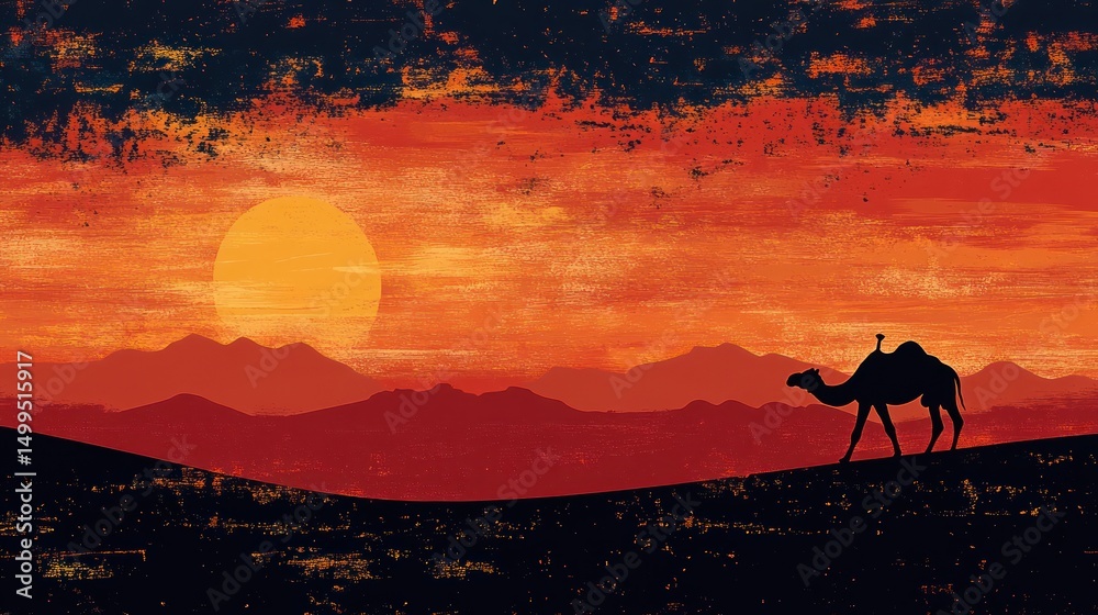 Naklejka premium Desert sunset camel silhouette