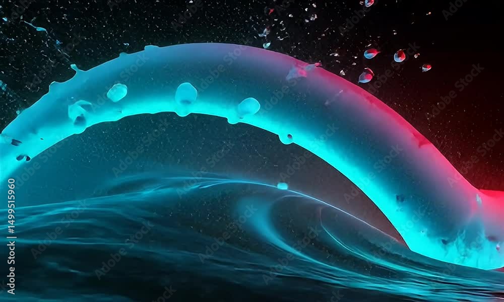 Abstract Wave Form with Glowing Teal and Red Colors in Dynamic Fluid Motion against Dark Background
