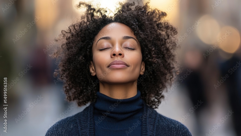 Woman breathing deeply in city Woman breathing deeply in city