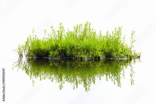 Lush green mire vegetation reflecting in calm water Generative AI