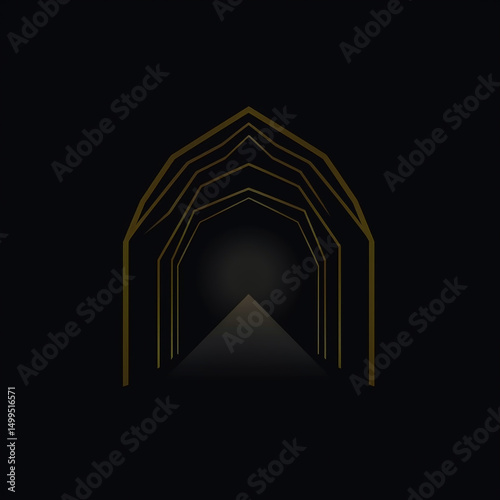 Modern geometric cave entrance logo featuring clean sharp lines symmetrical design in grayscale with elegant gold accents flat vector style sleek professional branding abstract cave silhouette.
