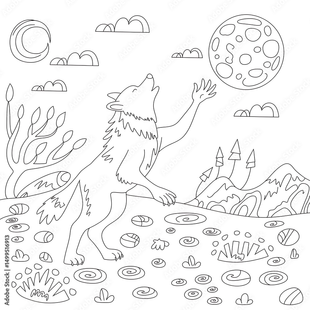 Obraz premium A solitary wolf howling at the full moon under a starry night sky illustration with a simple and cartoonish style.