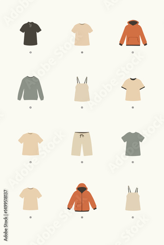 A clothing poster featuring an assortment of garments such as tops, bottoms, and outerwear arranged artistically..eps