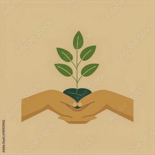 Vegan organic logo badge featuring plant sprouting from hands flat vector design soft earth tones simple symmetrical health and sustainability theme perfect for packaging and branding.