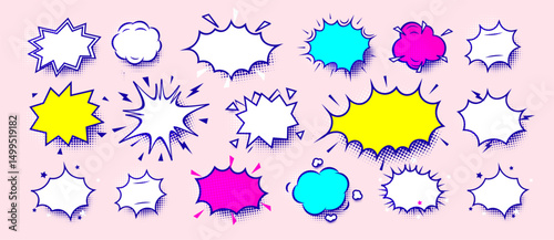 Blank comic speech bubbles in retro pop art style. Colorful cartoon shapes for text, jokes, emotions, design elements in comics, memes, stickers. Vector illustration.