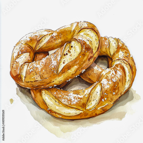 Vintage hand-drawn pretzels illustration ink and watercolor style delicate knots and salt grains soft shadows botanical drawing on pure white paper backdrop elegant and detailed design.