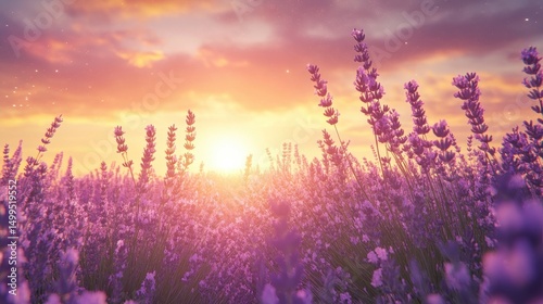 Lavender field in bloom under soft sunset sky, dreamy, 