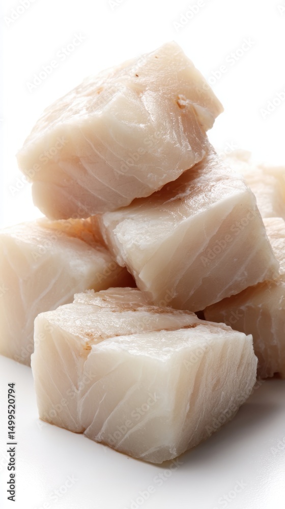 Close-up of Fresh Cod Cubes Stacked on White Background; Studio Shot of Raw Fish Fillets for Cooking and Healthy Eating Close-up of Fresh Cod Cubes Stacked on White Background; Studio Shot of Raw Fish Fillets for Cooking and Healthy Eating