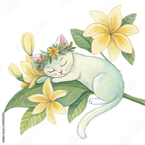 Cute cat sleeping on national flower Clipart Watercolor	
