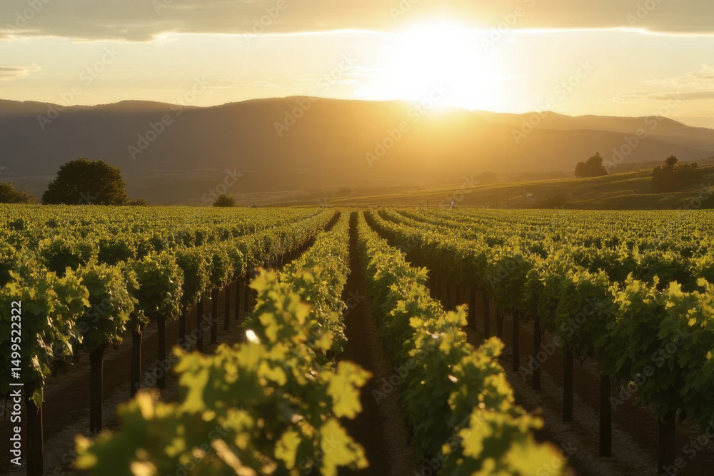 Naklejka premium Beautiful vineyard landscape sunset, showcasing rows of lush green grapevines stretching towards horizon. warm golden light creates serene and tranquil atmosphere, perfect for wine lovers