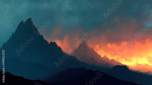 Dramatic Mountain Range Silhouette at Sunset with Fiery Sky and Misty Atmosphere Panoramic View
