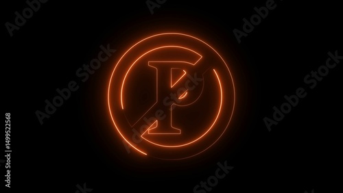 glowing neon no parking sign on black background