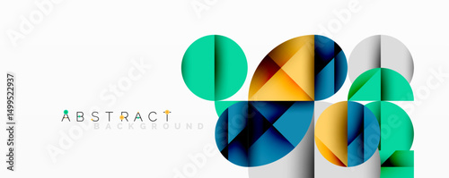 Colorful geometric shapes overlap on white background. Modern design features vibrant hues, creating dynamic visual effect.