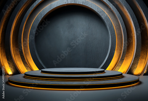 3D podium, a luxury background with golden line elements and a round black stage for product presentation