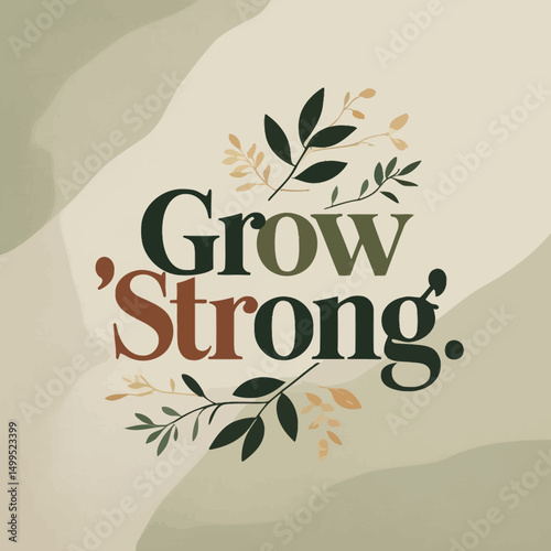 Grow Strong Inspirational Quote Botanical Design Green Brown Beige Abstract Background Motivational Poster Printable Wall Art Home Decor Modern Typography Elegant Minimalist Stylish Artwork text calm 