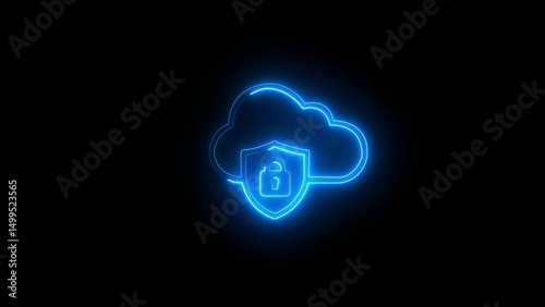 Neon glowing cloud security icon with shield and lock, data protection concept, safe cloud storage, cybersecurity, digital privacy, online information safety, technology background