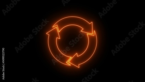 neon brown recycle loop icon with circular arrows, sustainability and eco concept, refresh update symbol, renewable cycle, environment conservation, process workflow sign on black background