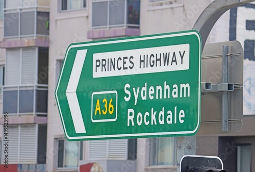 Street sign on the Princess Highway pointing to Rockdale, and Sydenham. photo