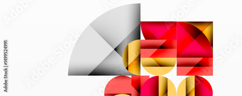 Abstract geometric composition. Shapes overlap, creating dynamic visual interest. Red, gold, gray hues dominate design. Minimalist aesthetic.