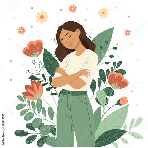 Woman hugging herself surrounded by green leaves, vector illustration of self-love and mental health concept.