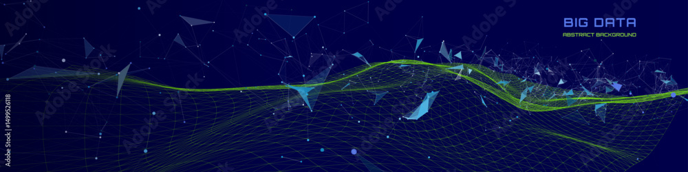 Futuristic background wavy green grid quantum computing with poligons broken data on dark . Digital technology concept research lost bytes in ciberspace. Big data.