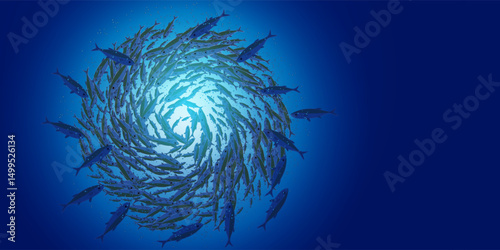 Abstract jamb fishes underwater sea ecosystem. School of fish on blue background. Banner alive fish in freedom. Vector illustration.