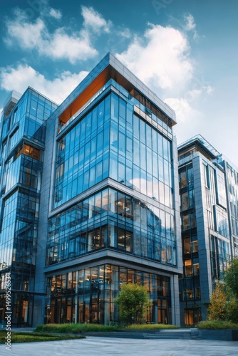 Modern glass office building exterior, low angle view in urban area against blue sky, daytime architecture in city