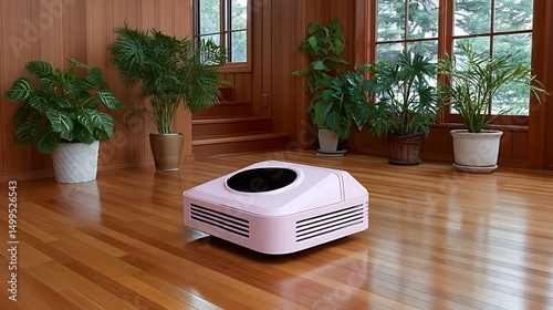 Pink Air Purifier in Modern Wooden Room.