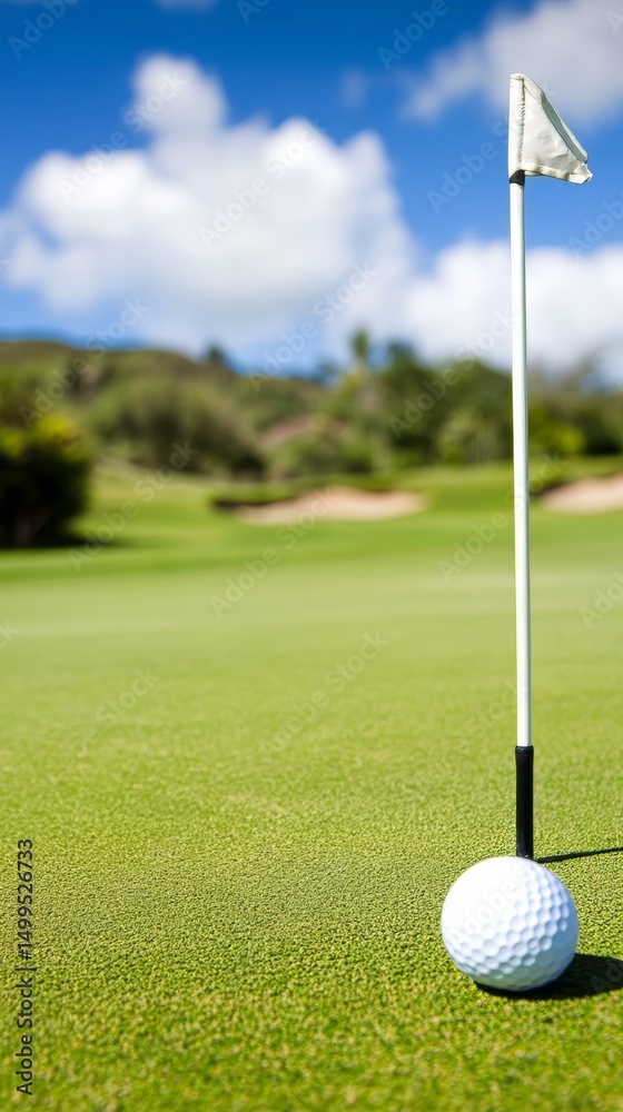 Obraz premium A white and black flag is on a golf course. The flag is on a hole in the grass