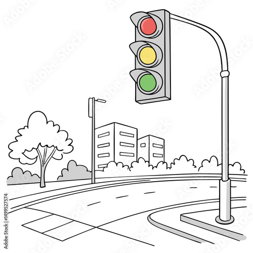 Urban street traffic lights control the flow of transport with red, yellow, and green signals