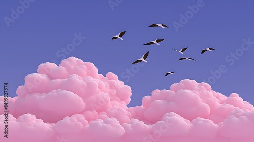 Pink Dream Cloudscape Seagulls Soar High.