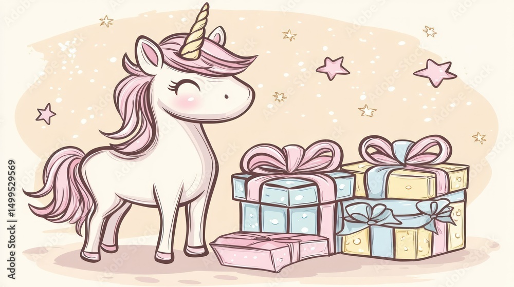 Naklejka premium Cute unicorn with gift boxes. Pastel colors, whimsical style