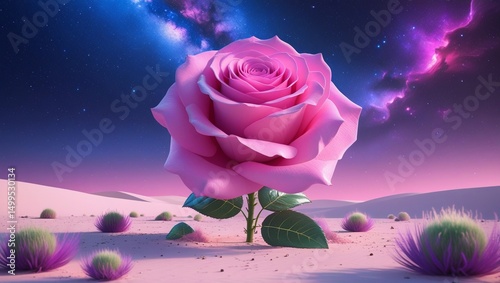 A Giant Pink Rose Blooming in a Surreal Desert Under a Galaxy Sky