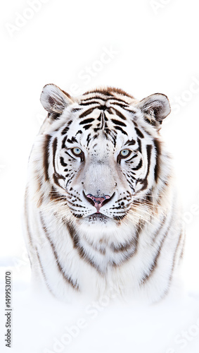 White tiger face with blue eyes isolated on white background showing its striking fur and powerful gaze in a close up portrait