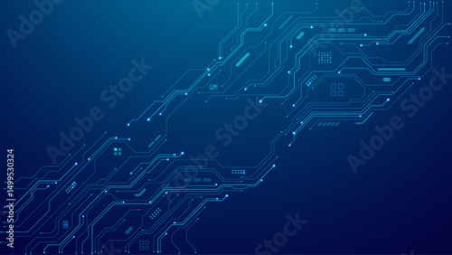 Abstract circuit board elements on technology blue futuristic background. Circuit board vector illustration. Tech network bg. Cyber connection electronic. AI chip and Big Data concept. Digital vector.