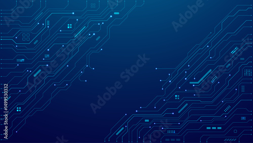 Circuit board on technology dark blue background. Abstract digital tech bg. Electronics and computer technology concept. Chip and circuit board. Chip connectors illustration. Digital vector web banner