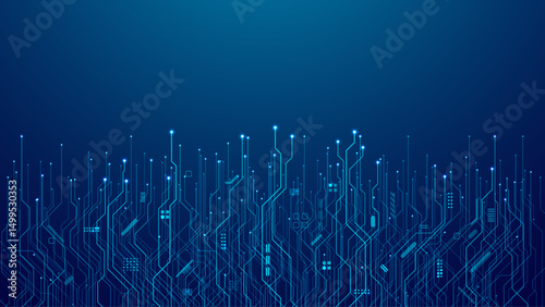 Abstract dark blue background with technology circuit board texture. AI chip or semiconductor. Digital tech bg. Circuit pattern with data electronics elements. Vector futuristic pattern. 